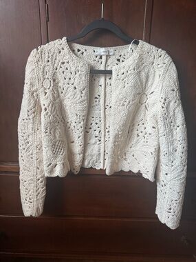 Mango Cream Crochet Open-Front Cardigan Jacket